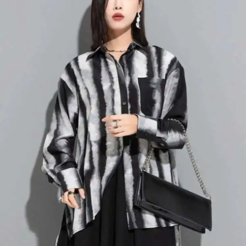 Load image into Gallery viewer, Women Striped Tie Dye Back Split Big Size Blouse New Lapel Long Sleeve Loose Fit Shirt Fashion Spring Autumn 2025 1DF6518
