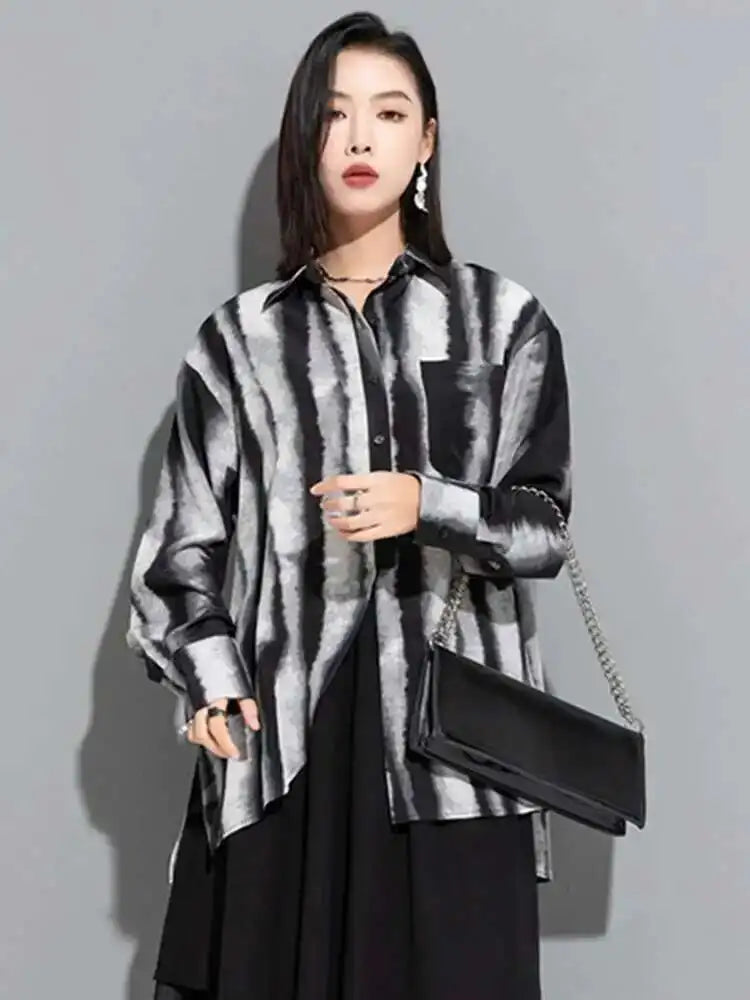 Women Striped Tie Dye Back Split Big Size Blouse New Lapel Long Sleeve Loose Fit Shirt Fashion Spring Autumn 2025 1DF6518