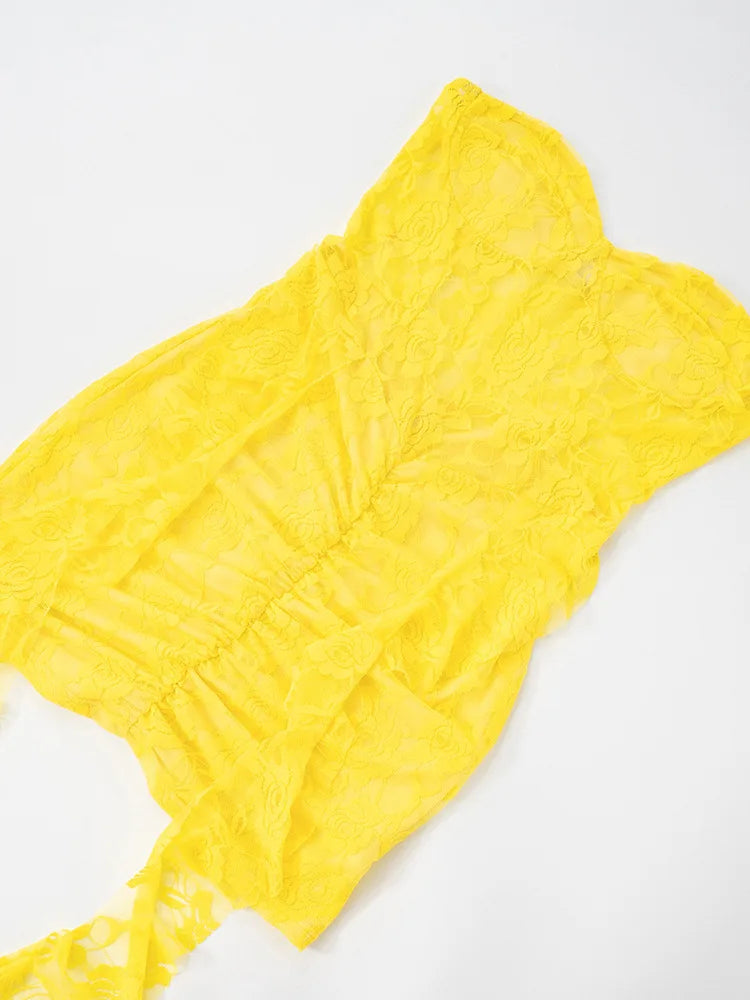 Lace Ruffle Sexy Mini Dress Women Summer New Off-shoulder Backless Sleeveless Draped Ruched  Beach Club Long Dress