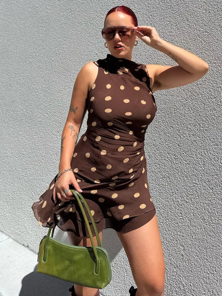Fashion Sleeveless Mesh Patchwork Polka Dot Double-layer Dress For Women's Summer New 2025 Streetwear Holiday Beachwear