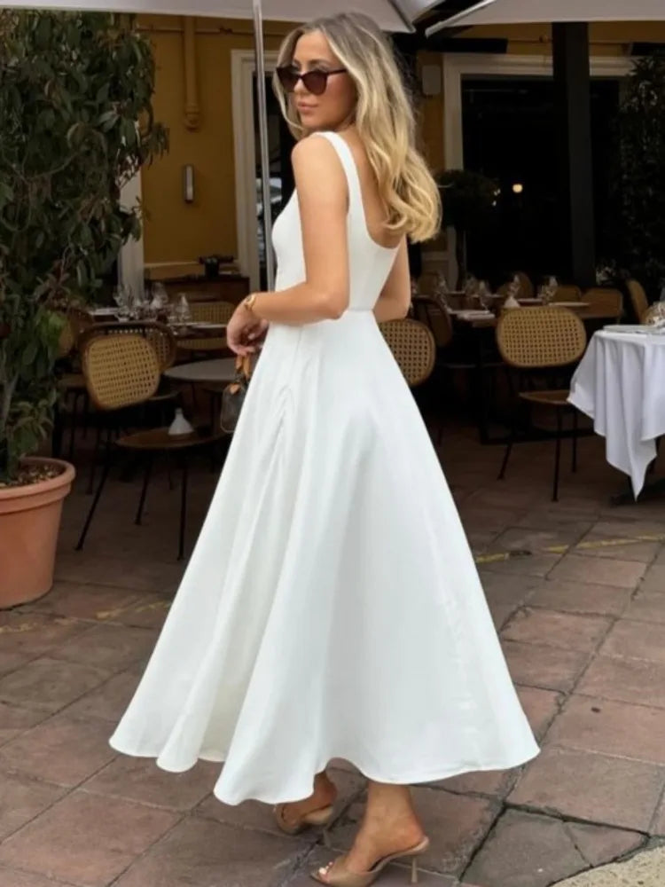 Elegant Sleeveless Bodycon Women Long Dress 2024 Fall Solid Color Square Neck Sexy Party Club Evening Dress Slim Vestido