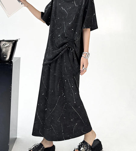 Printed Pleated T-shirt Skirt Two Pieces Suit New Round Neck Short Sleeve Women Fashion Tide Spring Summer 2025 1DJ1161