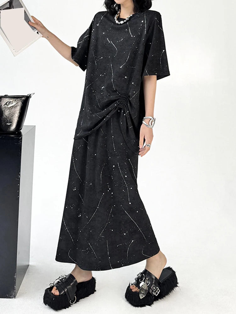 Printed Pleated T-shirt Skirt Two Pieces Suit New Round Neck Short Sleeve Women Fashion Tide Spring Summer 2025 1DJ1161