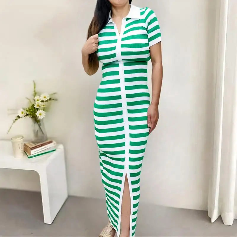 Korean Fashion Black Green Rose Red Stripe Patchwork Knitted Long Dress Women Summer Elegant Slim Short Sleeve Split Dress Trend