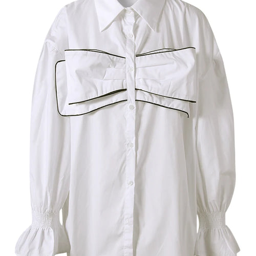 Load image into Gallery viewer, Women White Big Size Bow Elegant Long Blouse New Lapel Long Flare Sleeve Shirt Fashion Tide Spring Autumn 2025 1DH4000
