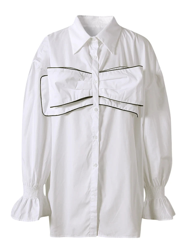 Women White Big Size Bow Elegant Long Blouse New Lapel Long Flare Sleeve Shirt Fashion Tide Spring Autumn 2025 1DH4000