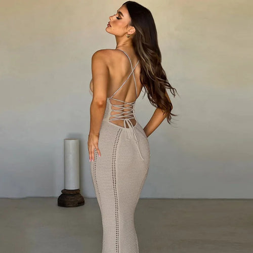 Load image into Gallery viewer, Hollow Out Backless Knit Dress For Women Spaghetti Strap Bandage Sleeveless Bodycon Club Party Sexy Long Dress Elegant
