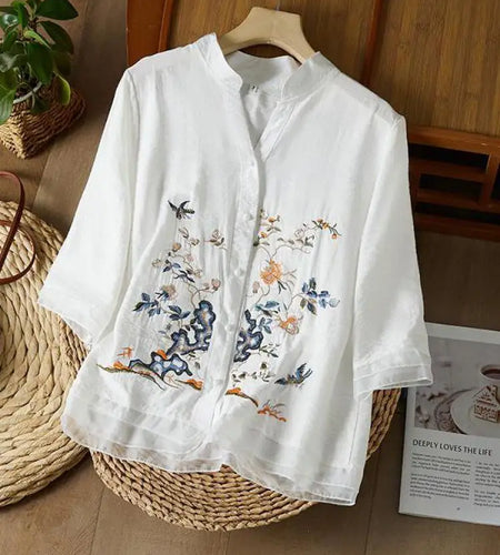 Vintage Women Solid Embroidery Loose V-neck Single Breasted Short Sleeve Cotton Shirt Summer Elegant Festival Artistic Tops Chic