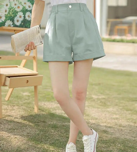 Spring Summer High Waist Solid Student Cotton Shorts Women Fashion Casual Versatile Button Pleated Short Pants Simplicity Korean