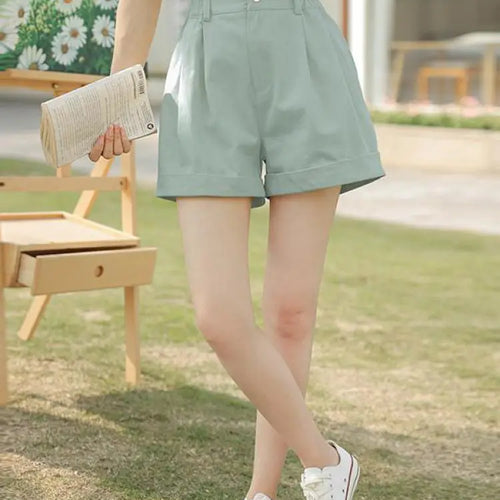 Load image into Gallery viewer, Spring Summer High Waist Solid Student Cotton Shorts Women Fashion Casual Versatile Button Pleated Short Pants Simplicity Korean
