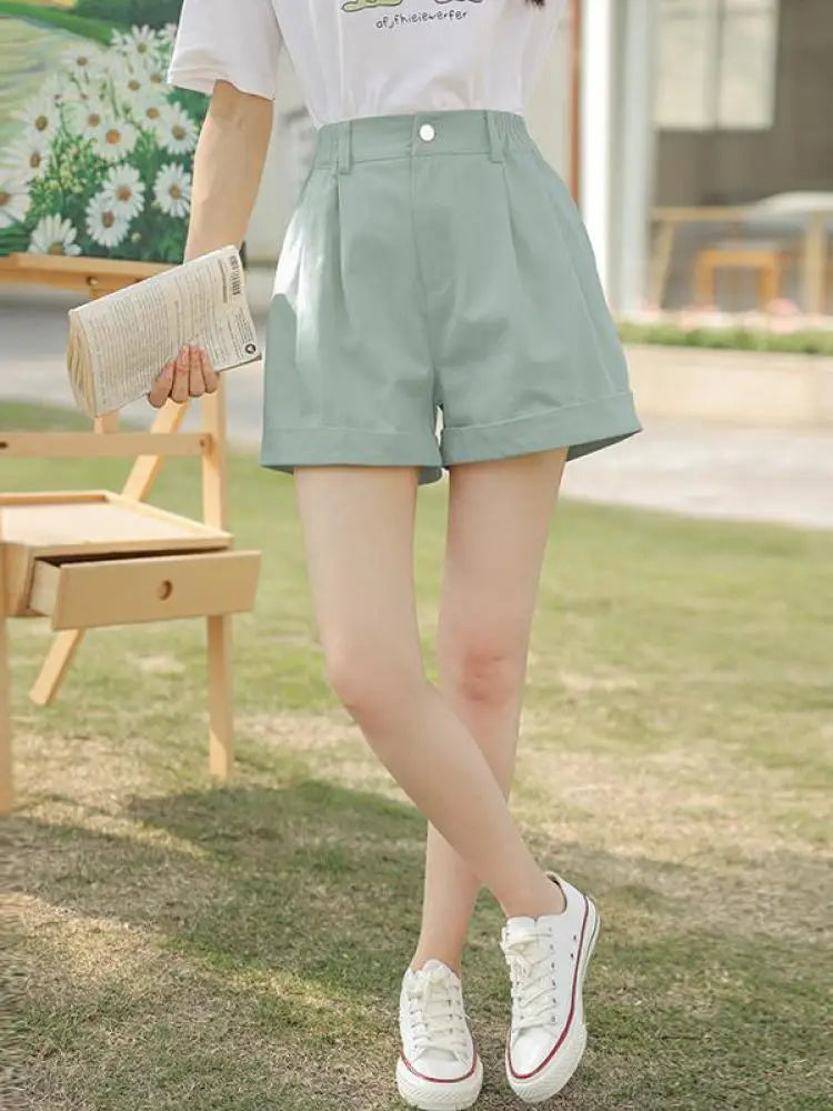Spring Summer High Waist Solid Student Cotton Shorts Women Fashion Casual Versatile Button Pleated Short Pants Simplicity Korean