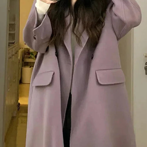 Load image into Gallery viewer, Purple Casual Long Woolen Coat Women Raglan Sleeve Winter Blends Coats Female Black Single Button Office Lady Outerwear
