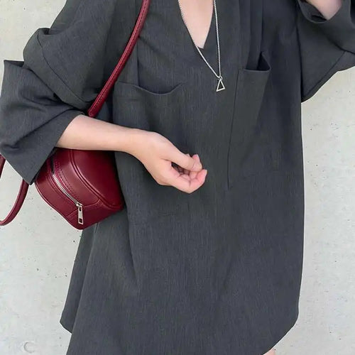 Load image into Gallery viewer, Women Gray Double Pocket Big Size Elegant Mini Dress New V--Neck Long Sleeve Fashion Tide Spring Autumn 2025 1DH7310
