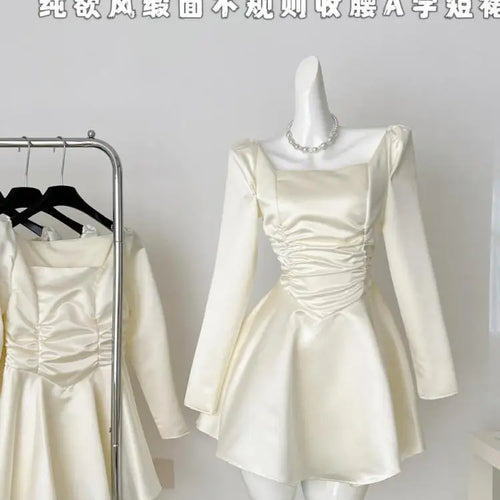 Load image into Gallery viewer, Autumn Winter Women Fashion Square Neck Long Sleeved Pleated Short Dress 2024 Beige Sexy Elegant High Waist Party Mini Dress New
