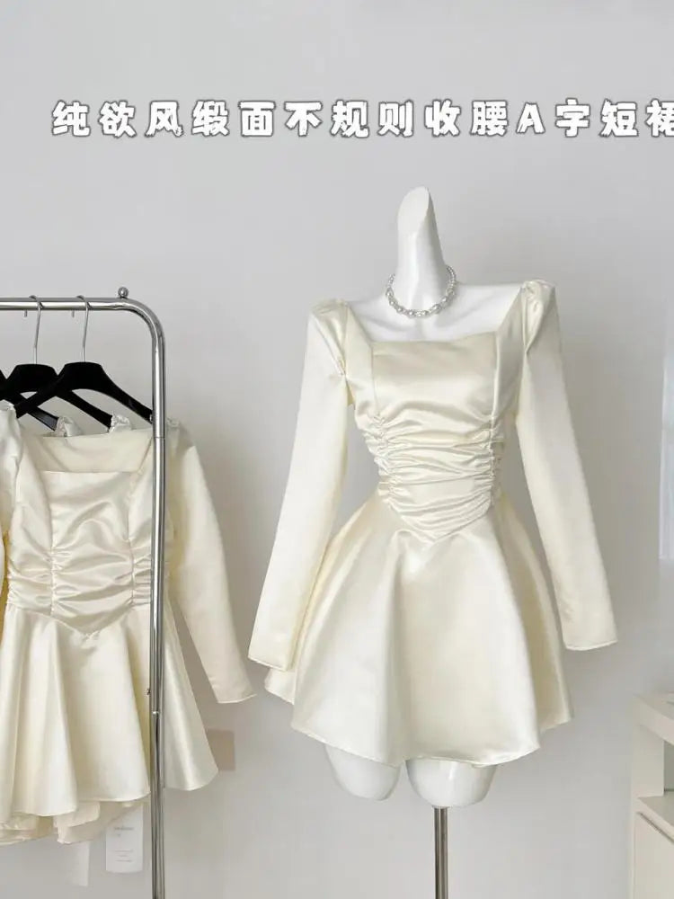Autumn Winter Women Fashion Square Neck Long Sleeved Pleated Short Dress 2024 Beige Sexy Elegant High Waist Party Mini Dress New