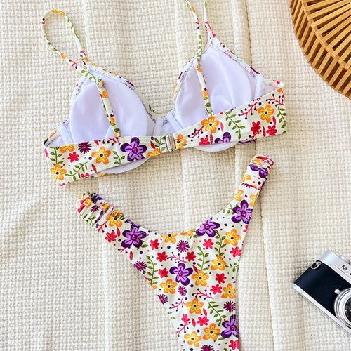 Load image into Gallery viewer, Sexy Floral Print Bandeau Bikini Set Thong Women Swimwear Female Swimsuit Brazilian Bathing Suit
