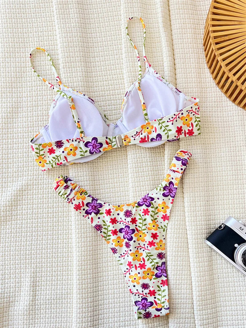 Sexy Floral Print Bandeau Bikini Set Thong Women Swimwear Female Swimsuit Brazilian Bathing Suit