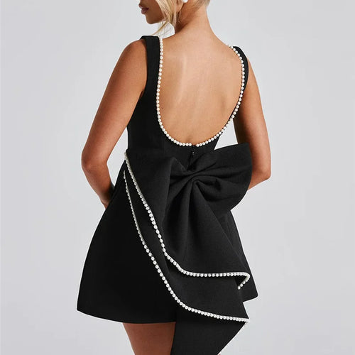Load image into Gallery viewer, Pearl Bow Backless Sexy Mini Dress For Women Robe Fashion Zipper Sleeveless High Waist A-line Club Party Dress Elegant

