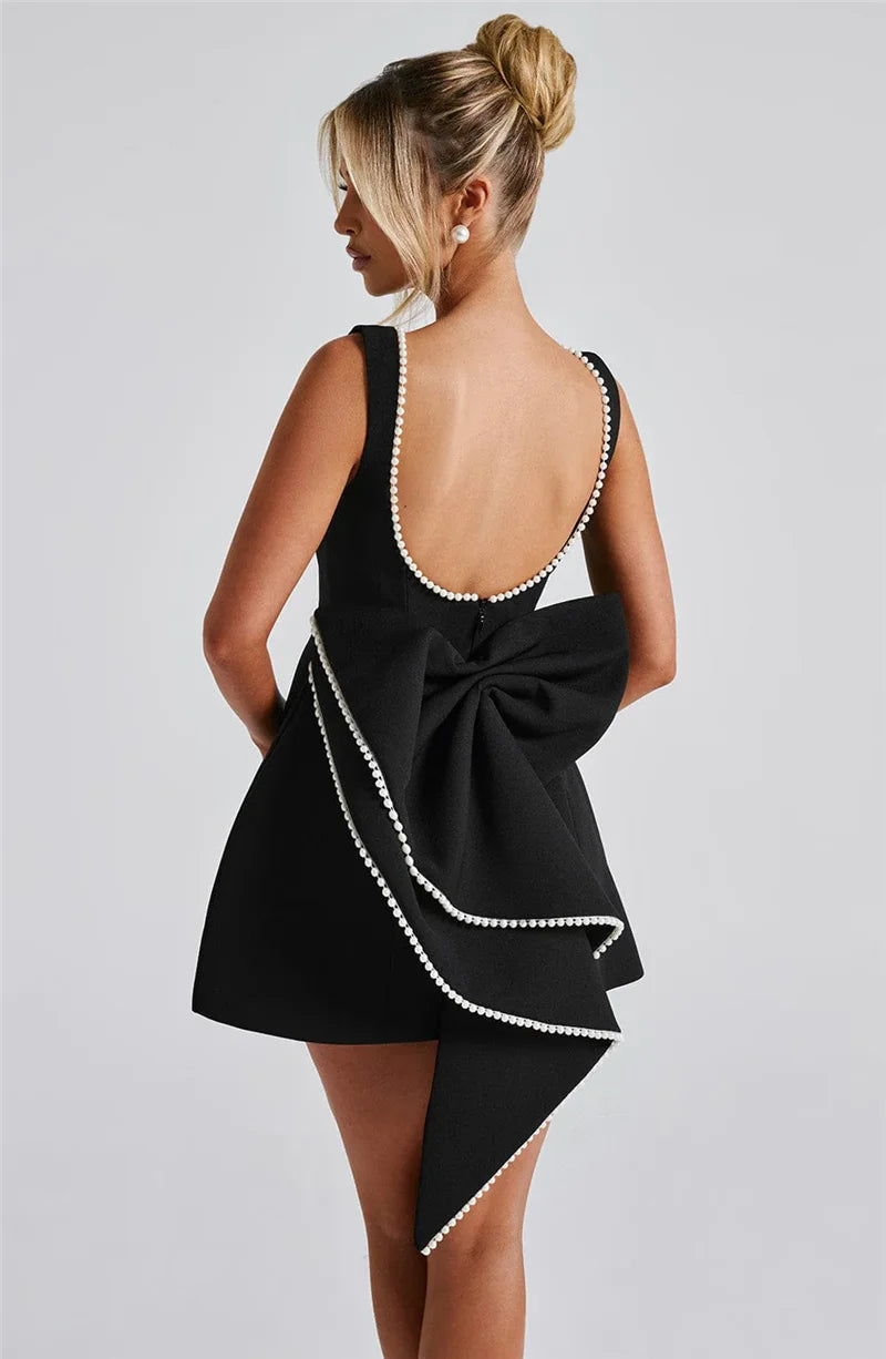 Pearl Bow Backless Sexy Mini Dress For Women Robe Fashion Zipper Sleeveless High Waist A-line Club Party Dress Elegant