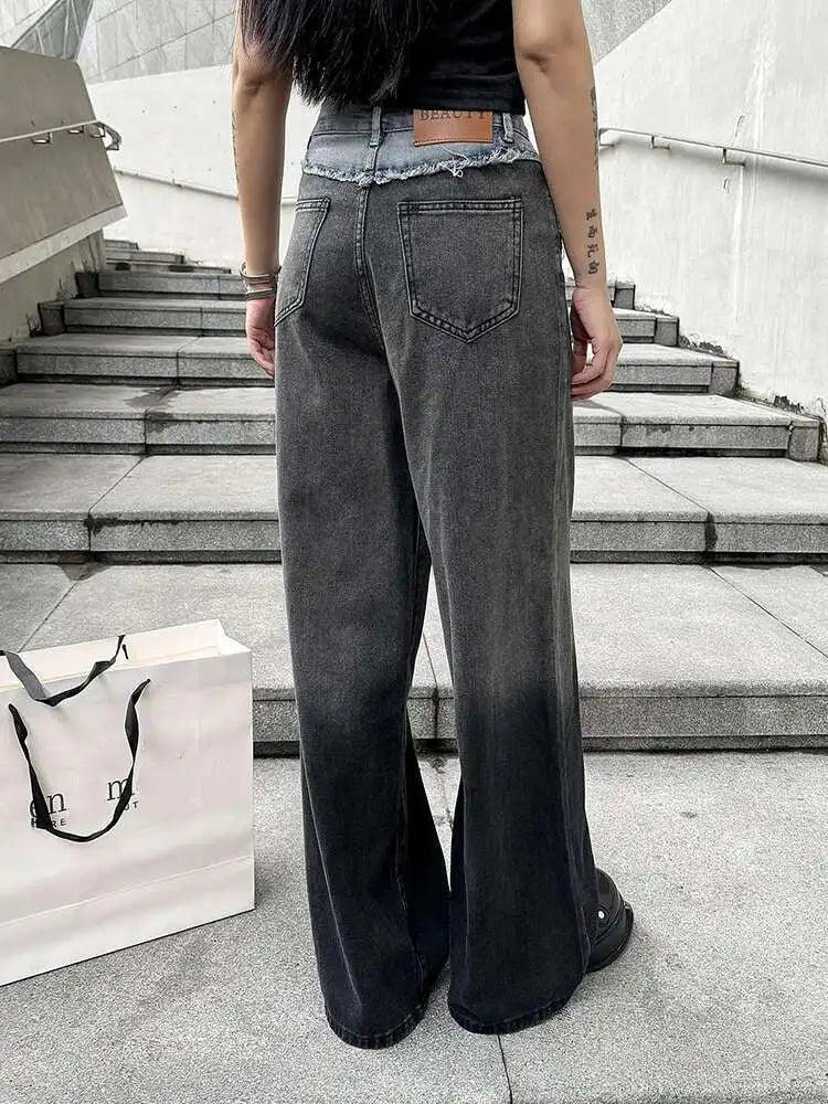 High Waist Blue Gradual Color Denim Burr Long Wide Leg Jeans New Women Trousers Fashion Tide Spring Autumn 2025 1DH5146