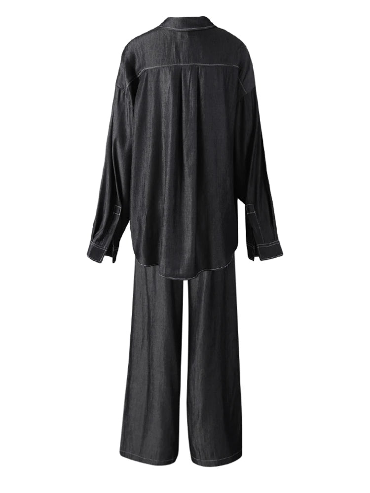 Big Size Gray Shirt Wide Leg Pants Two Piece Suit New Lapel Long Sleeve Women Fashion Tide Spring Autumn 2025 CPG3103