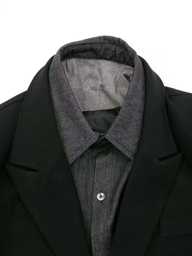 Women Black Denim Spliced Big Size Casual Blazer New Lapel Long Sleeve Jacket Fashion Tide Spring Summer 2025 Black