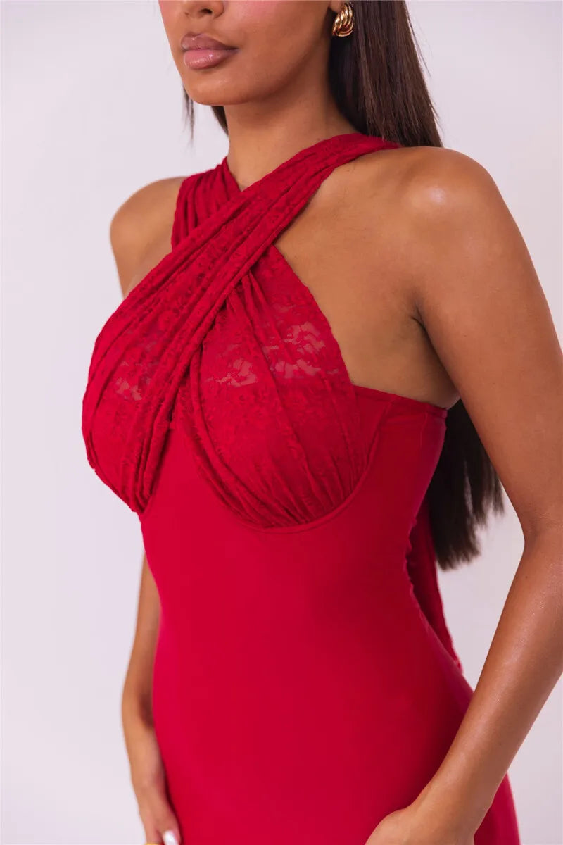 Sleeveless Fishtail Maxi Dress For Women Autumn New Halter Deep V Neck Backless Bodycon Party Sexy Long Dress Elegant