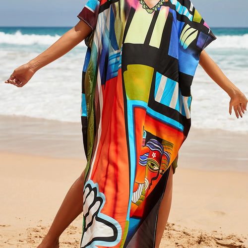 Load image into Gallery viewer, Colorful Kaftan Tunic Beach Cover Up Cover-ups Beach Dress Beach Wear Beachwear Loose Maxi Dress Female Women V4428
