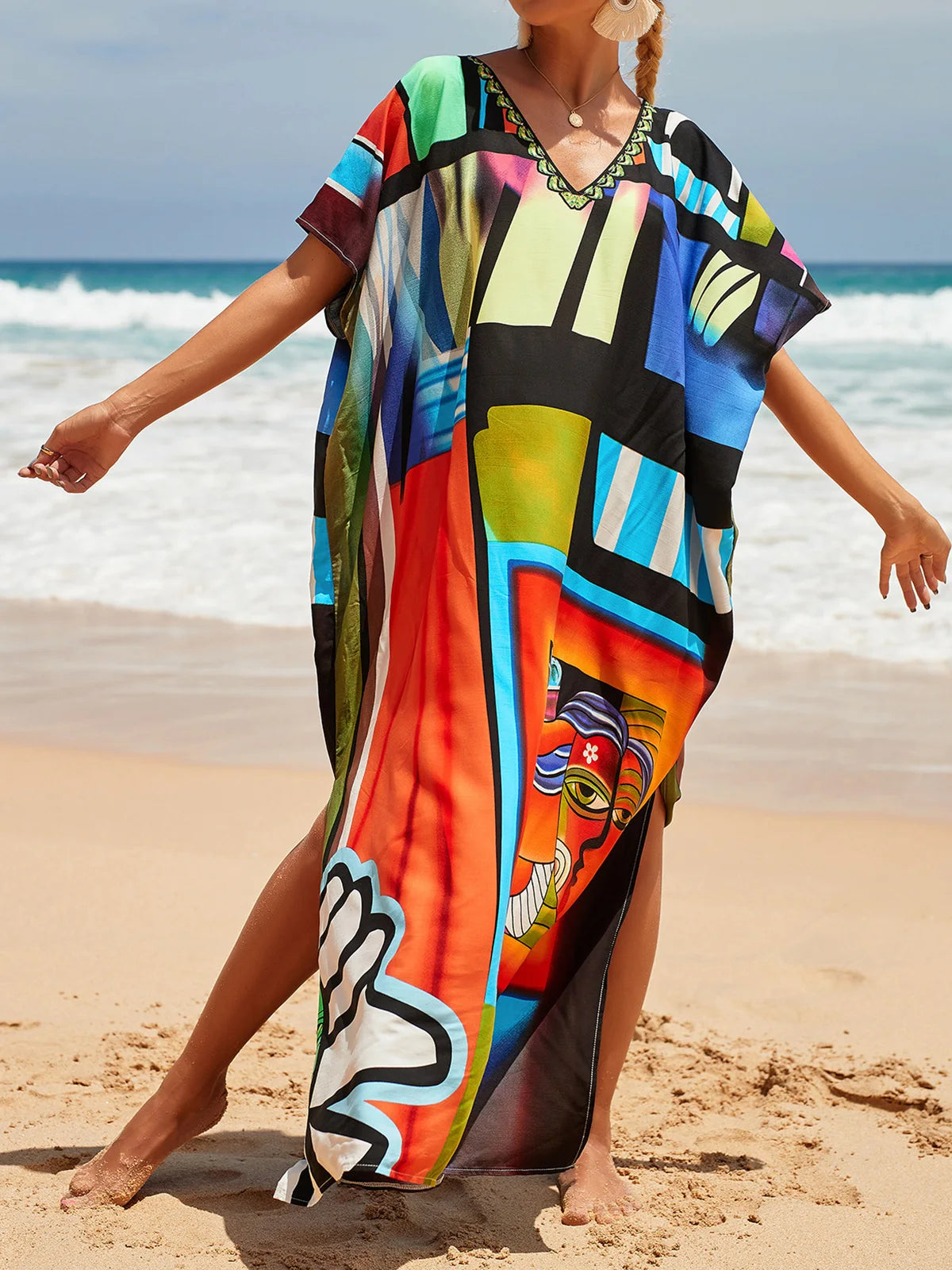 Colorful Kaftan Tunic Beach Cover Up Cover-ups Beach Dress Beach Wear Beachwear Loose Maxi Dress Female Women V4428