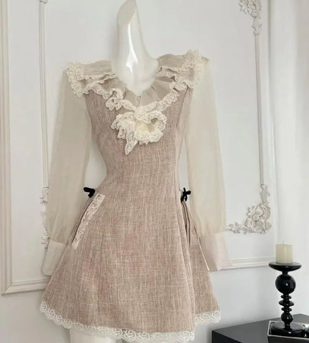 Autumn Vintage Khaki Patchwork Elegant Long Sleeve Mini Dress French Women Ruffle Edges Evening Party Short Dress Fashion Trendy