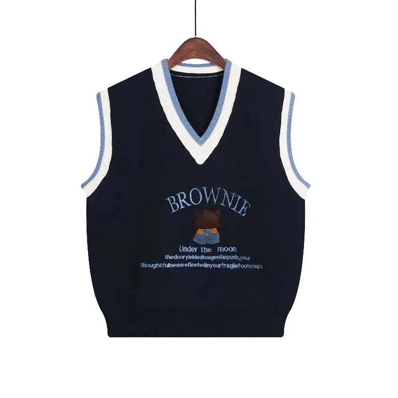 Cartoon Embroidery Sweater Vest Women Kawaii Waistcoat Streetwear Knitted Fashion College All-match Harajuku Y2k Vests Chandails