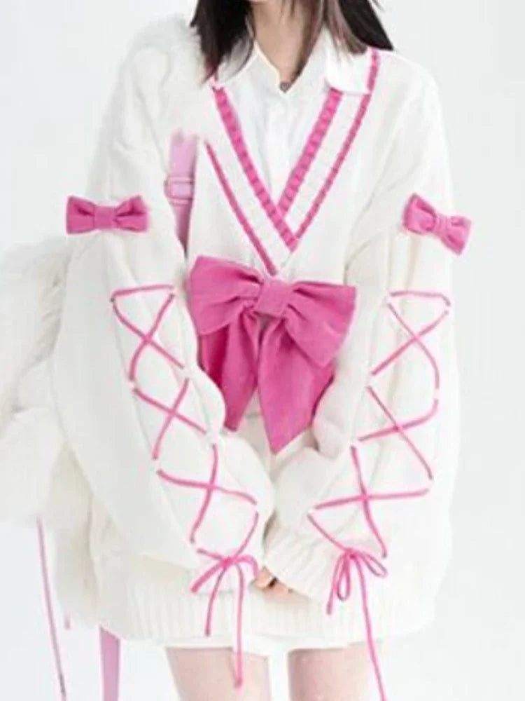 2025 Sweet Contrast Color Grunge Sweaters Fashion All Match Streetwear Bandage Pullover Y2k Aesthetic Loose Bow Jumpers Women