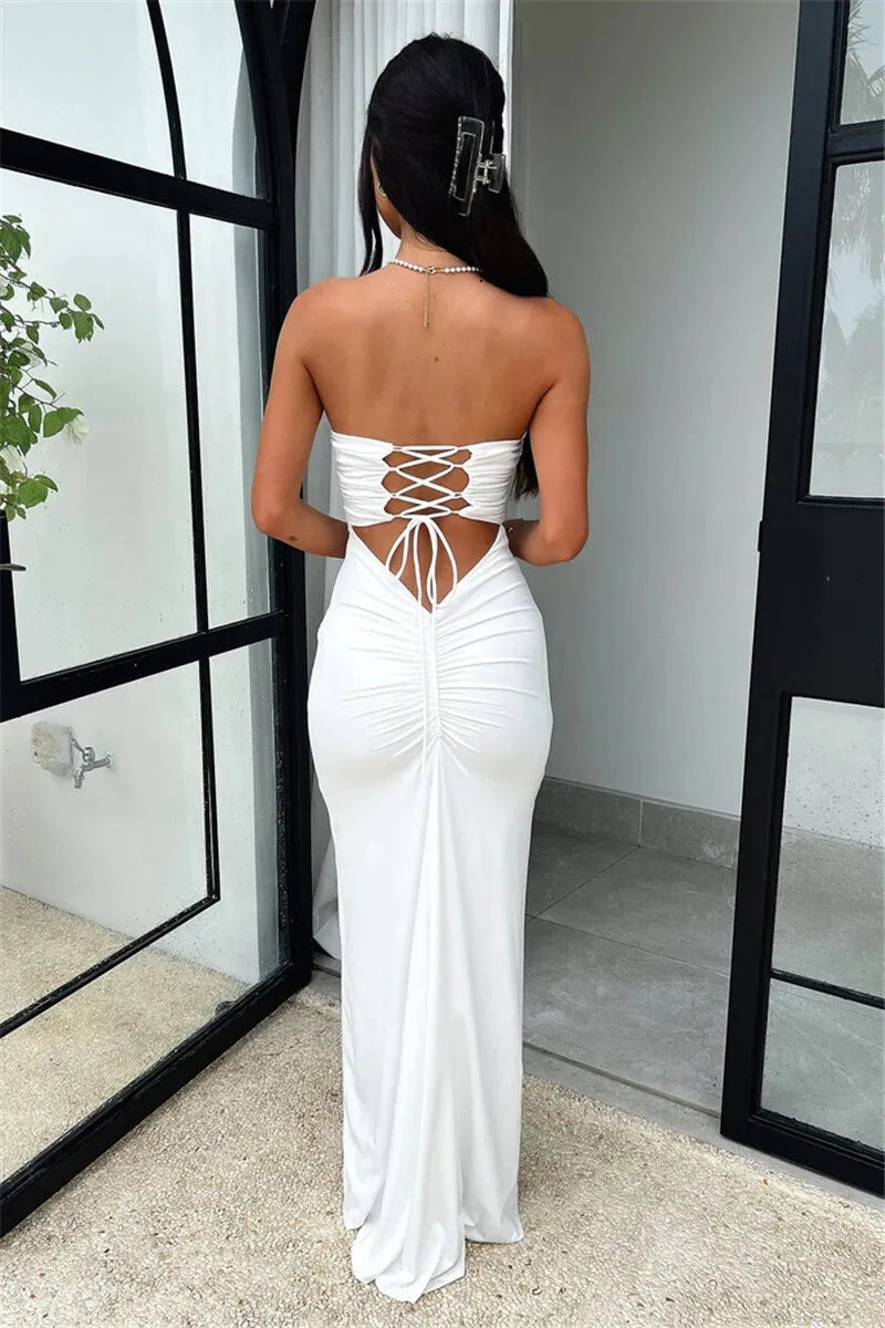 Strapless Backless Lace-up Maxi Dress For Women Summer New Off-shoulder Sleeveless Bodycon Club Party Long Dress