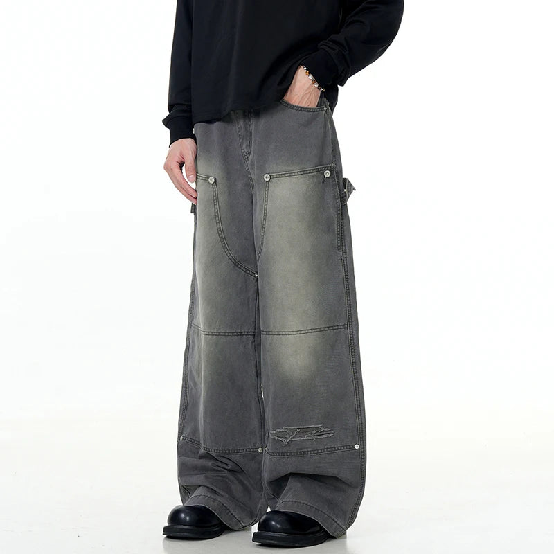 Men's Jeans New Korean Rivet Washed Distressed Trendy Line Design Gradient Color Stylish Male Summer Trousers 9W1885