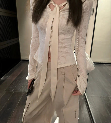 Korean Sexy Lace Blouse Women V Neck Bandage Slim Harajuku Tops Y2k Aesthetic Flare Sleeve Grunge Blusas Streetwear De Mujer