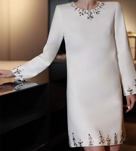 Solid Spliced Diamonds Slimming Dresses For Women O Neck Long Sleeve High Waist Temperament Dress Female Fashion