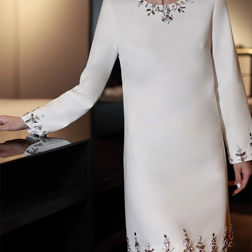 Load image into Gallery viewer, Solid Spliced Diamonds Slimming Dresses For Women O Neck Long Sleeve High Waist Temperament Dress Female Fashion
