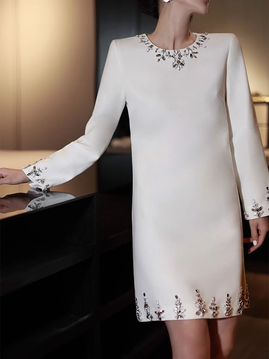 Solid Spliced Diamonds Slimming Dresses For Women O Neck Long Sleeve High Waist Temperament Dress Female Fashion