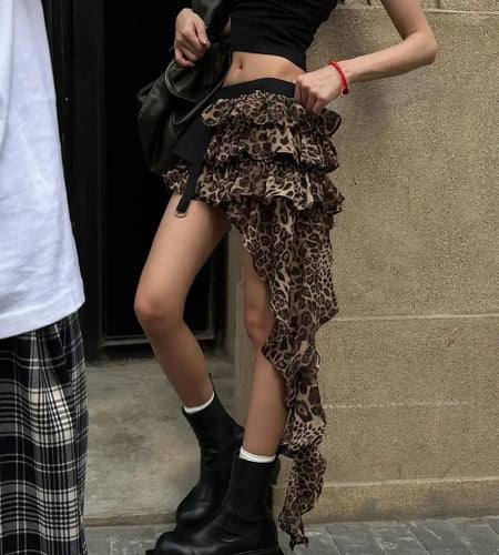 Vintage Brown Leopard Print Pleated Short Skirt Women Sexy Club Irregular Ruffle Cake Mini Skirts Summer Y2k Streetwear Fashion