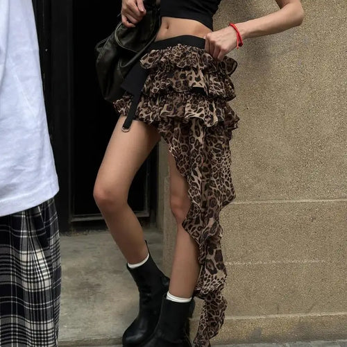 Load image into Gallery viewer, Vintage Brown Leopard Print Pleated Short Skirt Women Sexy Club Irregular Ruffle Cake Mini Skirts Summer Y2k Streetwear Fashion
