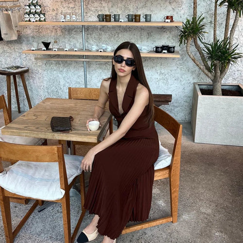 Load image into Gallery viewer, Fashion Skirt Two Piece Sets Women Notched Collar Sleeveless Crop Tops And Midi Skirt Femme Elegant Pleated Skirt Sets
