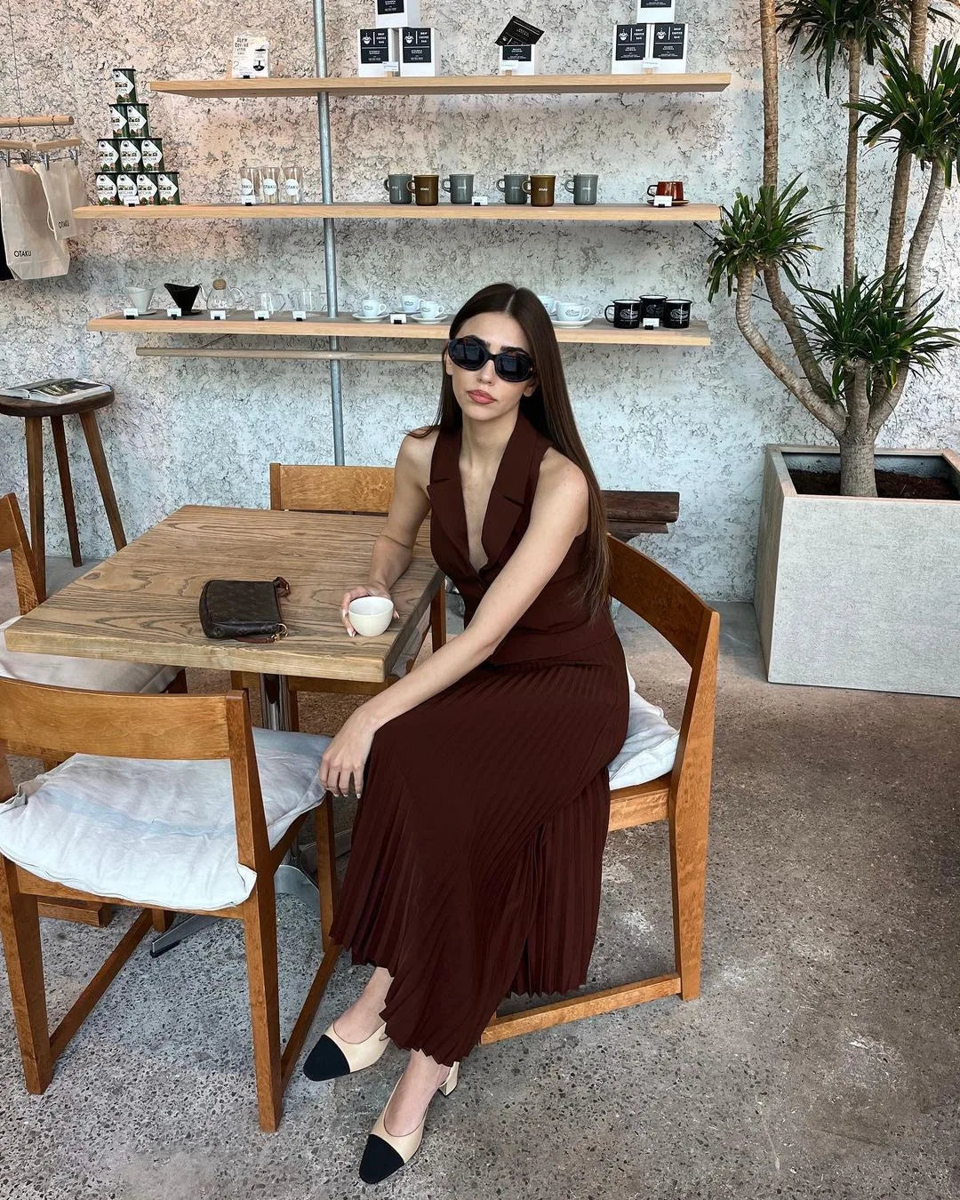 Fashion Skirt Two Piece Sets Women Notched Collar Sleeveless Crop Tops And Midi Skirt Femme Elegant Pleated Skirt Sets