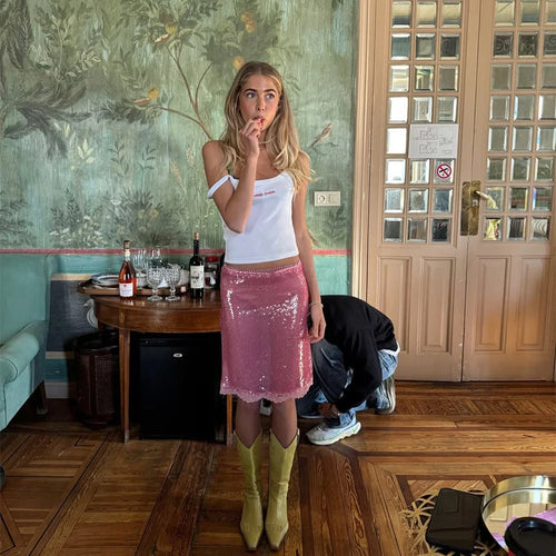 Load image into Gallery viewer, Sequin Summer Beach Sexy Skirt Women Elegant Sparkle High Waist A-line Skirts Female Pink Vacation Club Party Skirt
