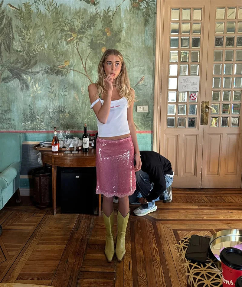 Sequin Summer Beach Sexy Skirt Women Elegant Sparkle High Waist A-line Skirts Female Pink Vacation Club Party Skirt