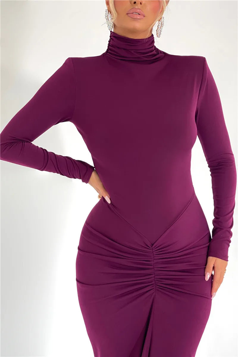 Elegant Turtleneck Long Sleeve Bodycon Maxi Dress Women Autumn Winter New Ruched Club Party Sexy Dress Vestidos
