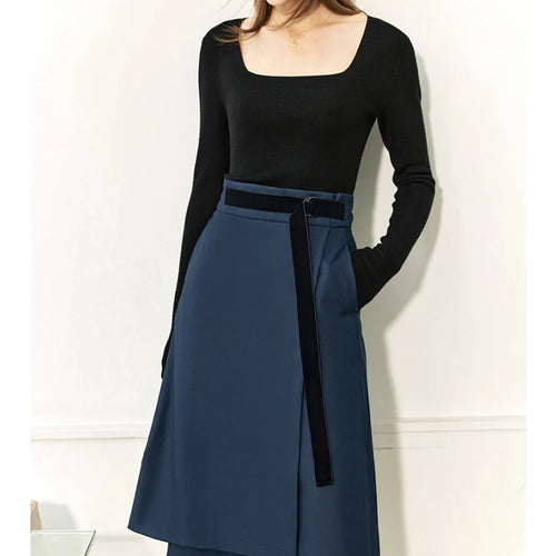 Load image into Gallery viewer, Minimalism Autumn Skirts Fashion Solid Belt Women Robe Causal High Waist Aline Irregular Hem Female Midi Skirt 12240752
