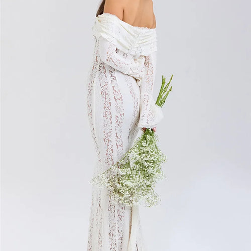 Load image into Gallery viewer, Lace Off-shoulder Sexy Maxi Dress Women Strapless Backless Long Sleeve Bodycon Evening Club Party Long Dress Elegant
