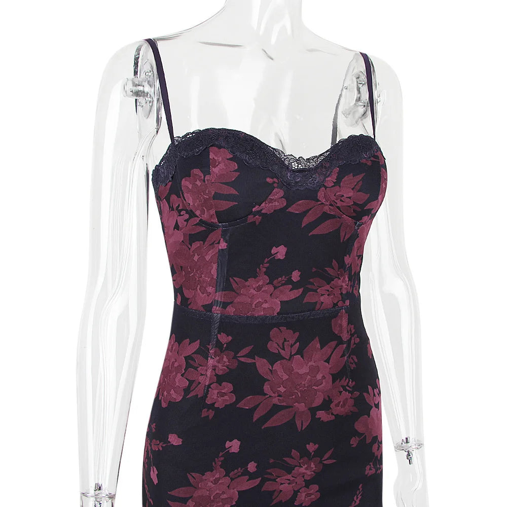 Purple Print Sexy Long Fishtail Dress For Women Robe 2023 New Spaghetti Strap Sleeveless Backless Ruched Maxi Dress