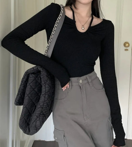 Korean Sexy T Shirt Women Vintage Streetwear Solid Bandage Top Harajuku Fairycore Shirts Long Sleeve Tees Spring Summer