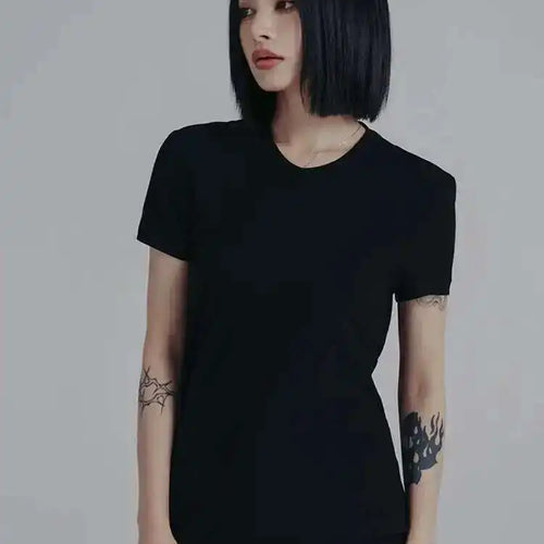 Load image into Gallery viewer, Women White Black Irregular Hem Holes Slim T-shirt New Round Neck Short Sleeve Fashion Tide Spring Summer 2025 1DE8432
